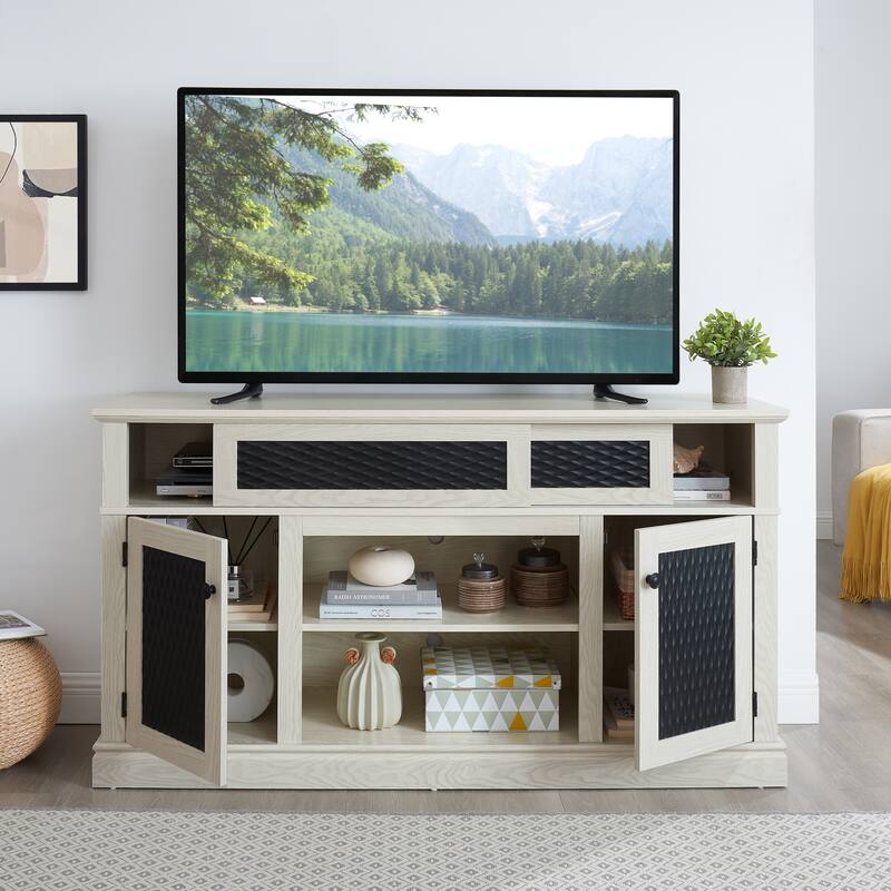 Embossed Pattern TV Stand, TV and Media Console with Open and Closed Storage Space and sliding door