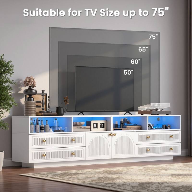 Meyreso 86.6" Modern LED Lighted TV Stand with 4 Open Shelves and Storage Cabinets