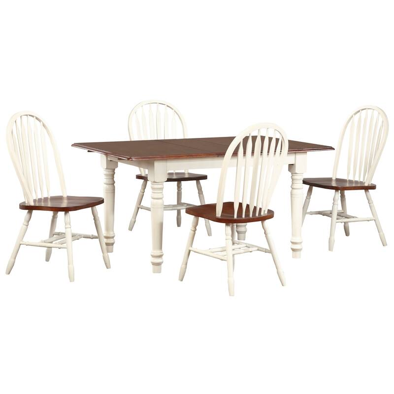 Extendable Dining Set 60" Rectangular Table, 5 Piece Retro Arrowback Chairs, Antique White/Chestnut Brown