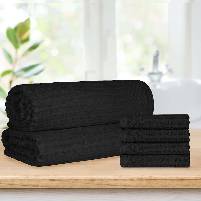 Ribbed Cotton Absorbent Heavyweight Hand Towel and Bath Sheet Set by Superior - Black