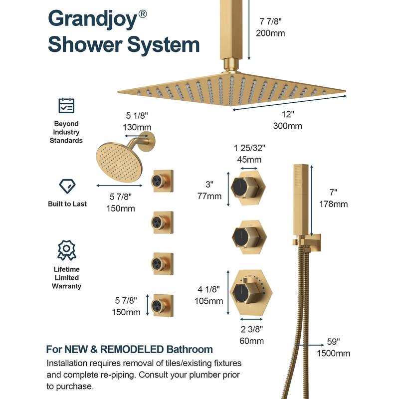 GRANDJOY Dual Shower Heads 12" Ceiling and 6" Wall Mount Body Jets Handheld Shower Spray Rainfall Shower Faucet Set