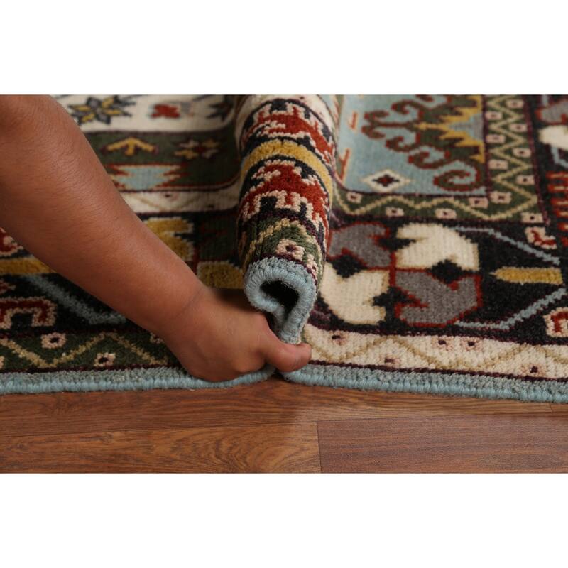 Light Blue Geometric Kazak Indian Area Rug Hand-Knotted Wool Carpet - 8'0"x 10'2"