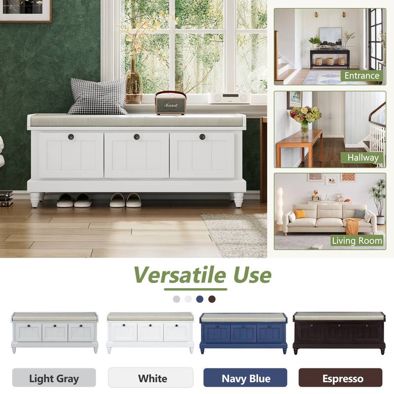 Classic Wood Shoe Bench with Cushion and 3 Drawers, Upholstered Storage Bench with Handle for Living Room, Entryway