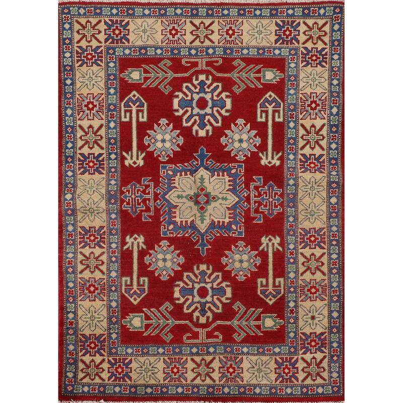 Geometric Kazak Rug Hand-Knotted Oriental Red Wool Carpet - 3'4"x 4'9"