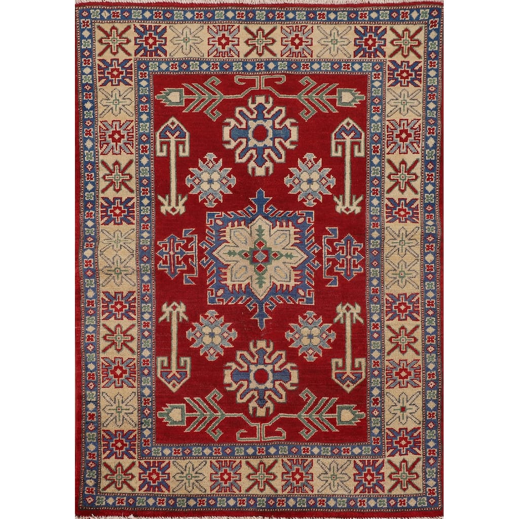 Geometric Kazak Rug Hand-Knotted Oriental Red Wool Carpet - 3'4"x 4'9"
