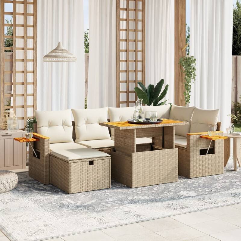 vidaXL Patio Sofa Set with Cushions Outdoor Conversation Furniture Poly Rattan - Beige and Cream-without storage - 21.7 x 39.4 x 28.7