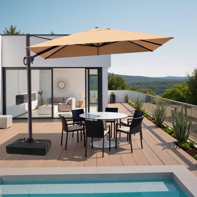 9 x 11 ft Patio Cantilever Offset Umbrella 360-degree Rotation with Base - Tan