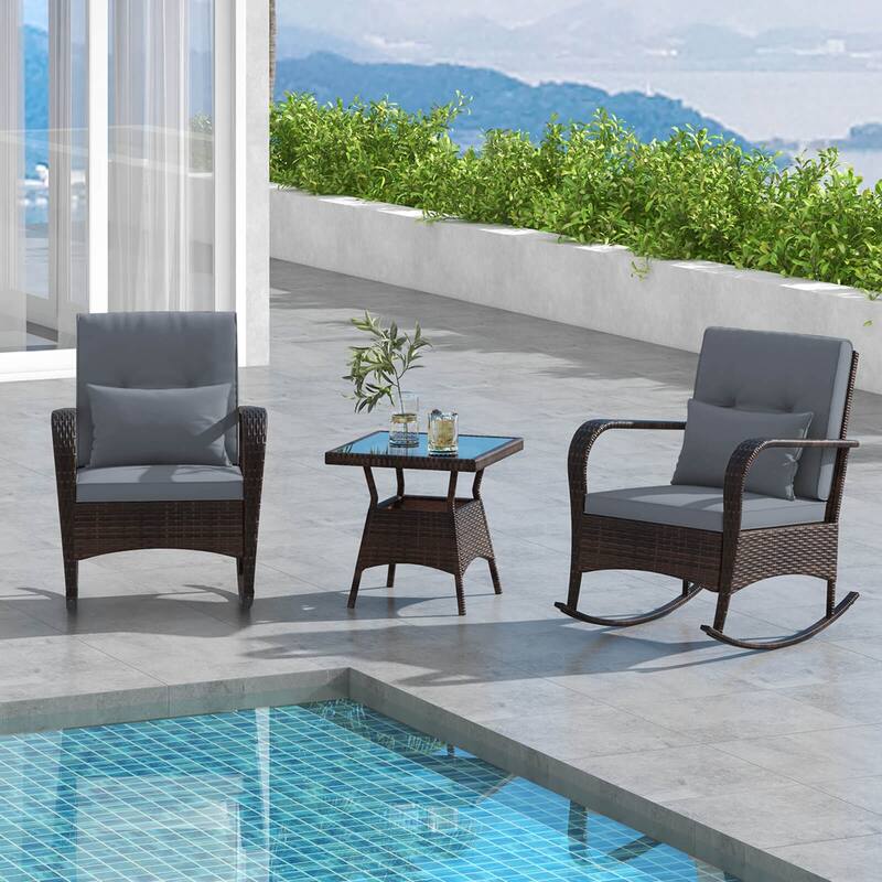 Costway 3 PCS Rocking Bistro Set with Removable Cushions & Tempered - See Details
