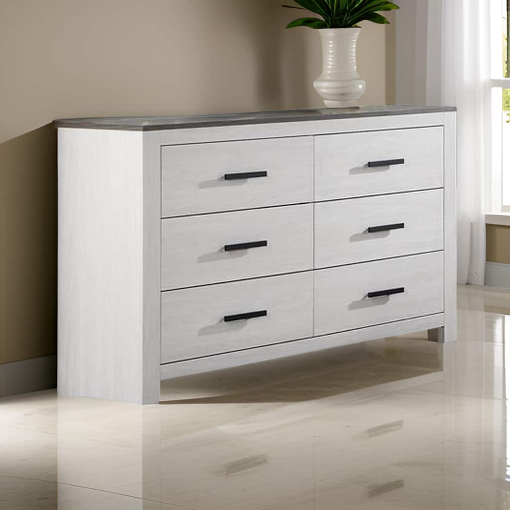 Kopa 58 Inch Wide Dresser with 6 Drawers, Black Handles, White Wood Finish