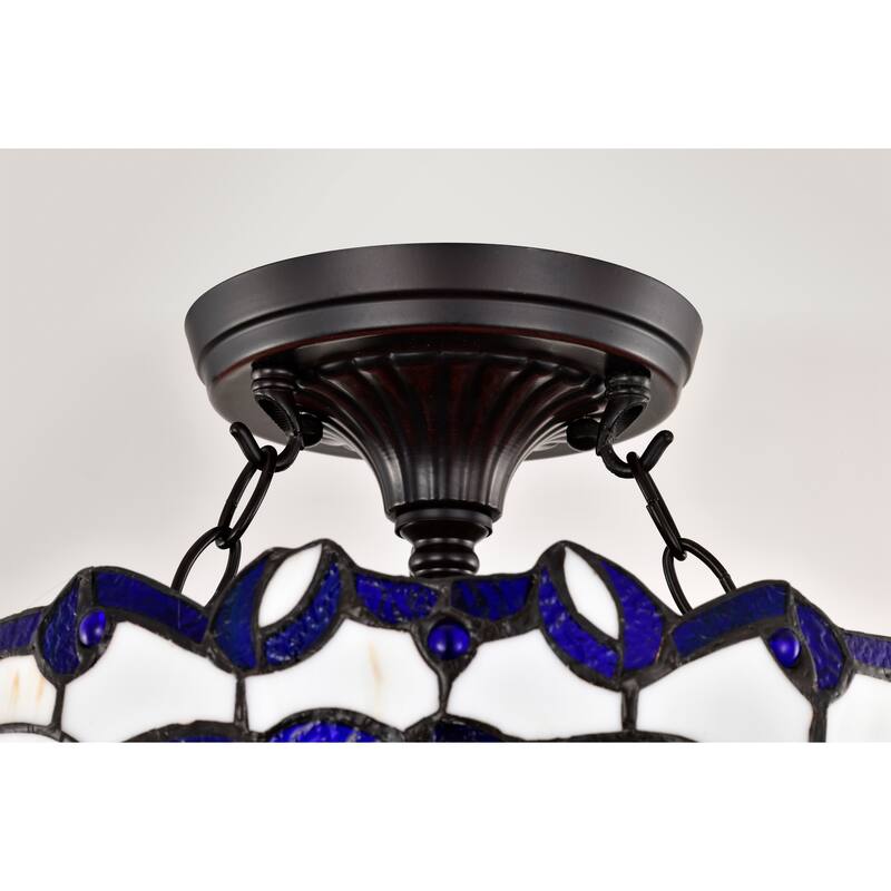 Vayne Blue/White 2-Light Stained Glass Bowl Shade Tiffany-Style Semi-Flush Mount