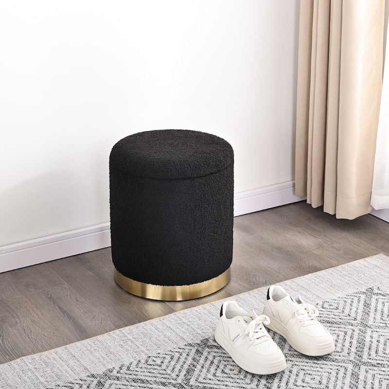 Adeco Velvet Round Storage Stool Gold Plating Base Storage Ottoman