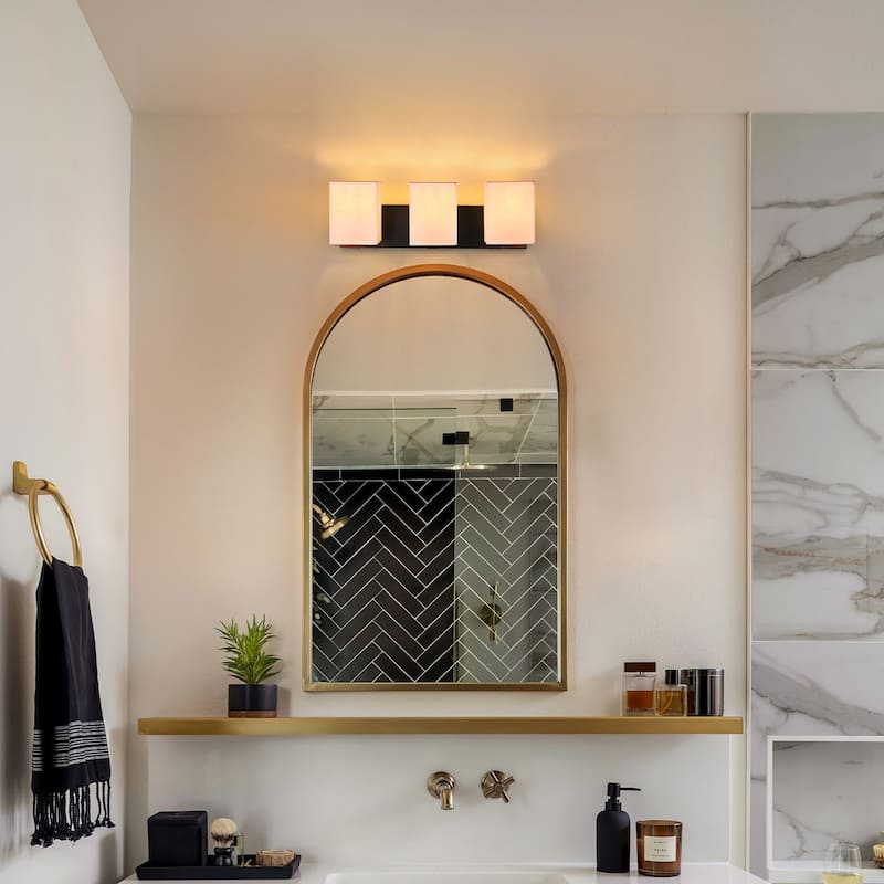 kirahee Matte Black Bathroom Vanity Light, 3-Light Vanity Lighting fixtures Over Mirror,Wall Sconces with White Fabric Shades