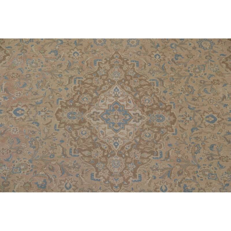 Muted Distressed Kashan Persian Antique Rug Hand-knotted Wool Carpet - 9'3" x 13'4"