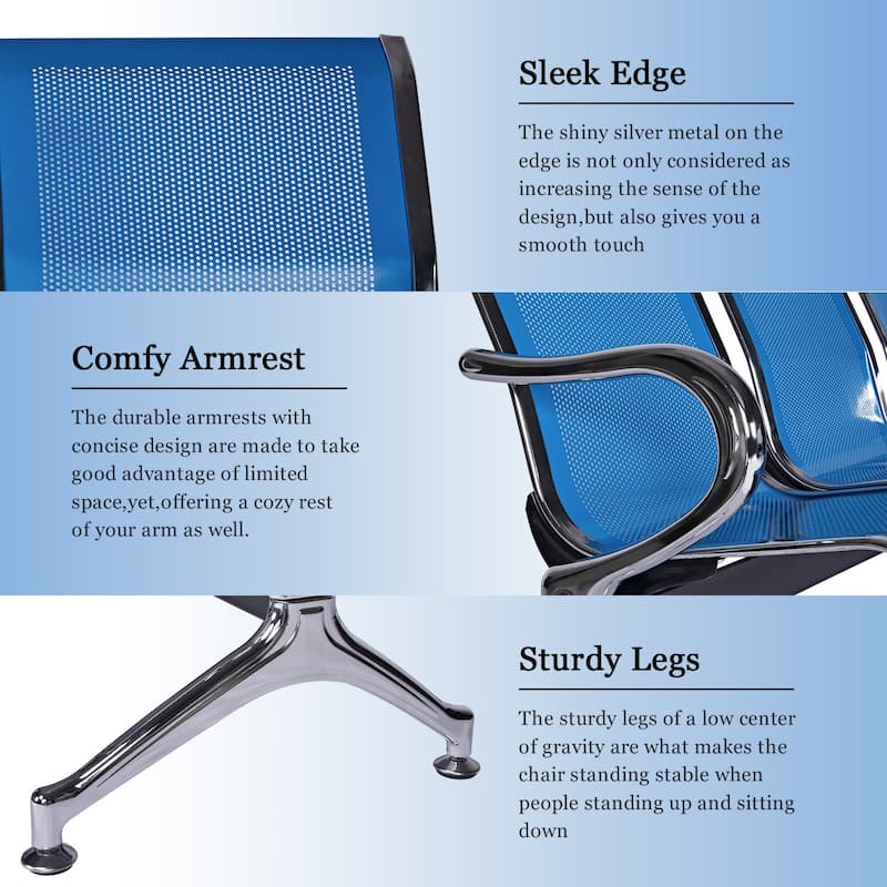 Kinbor 3-Seat Airport Reception Waiting Chair Bank Salon Barbershop Bench Guest Chair