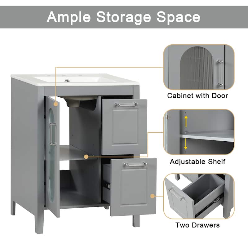 Roomfitters 24" Bathroom Vanity with Sink Cabinet with 2 Drawers and Door Adjustable Shelf Solid Wood and MDF