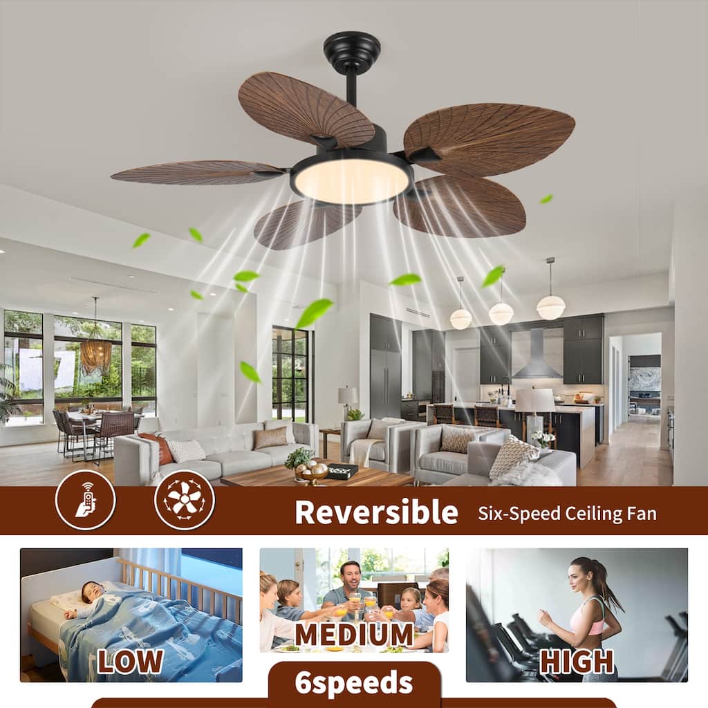 Tropical Ceiling Fan with Lights & Remote Control, Indoor/Outdoor 52" Palm Leaf Ceiling Fan, Reversible Quiet Motor, Dimmable