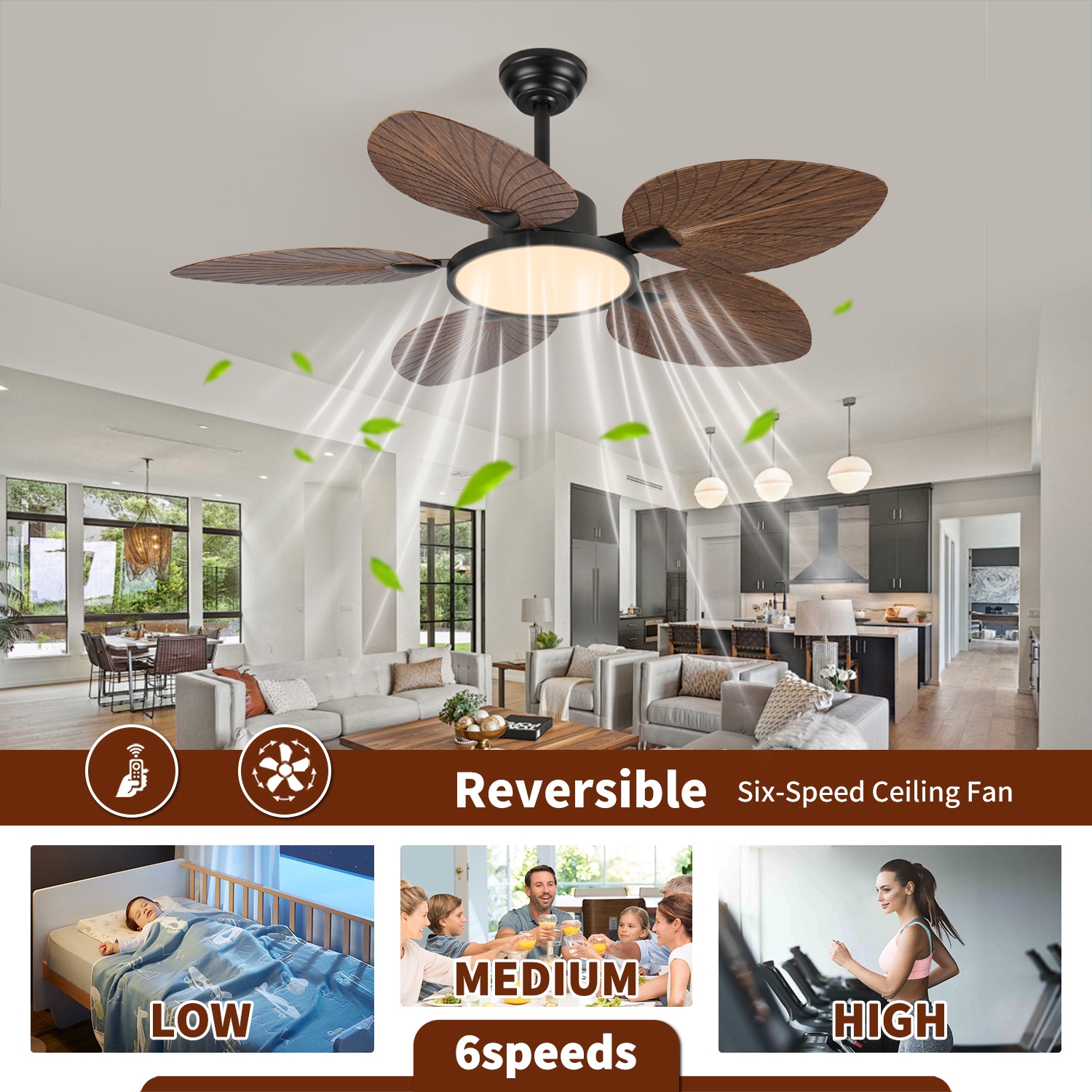 Tropical Ceiling Fan with Lights & Remote Control, Indoor/Outdoor