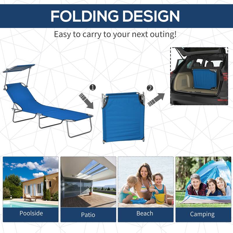 Outsunny Outdoor Lounge Chair, Adjustable Folding Chaise Lounge, Tanning Chair with Sun Shade for Beach, Camping, Hiking