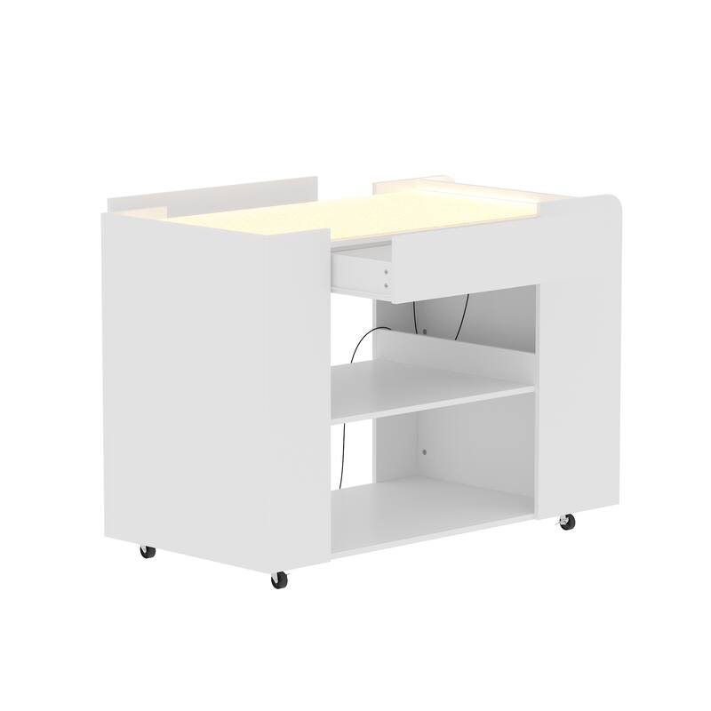 LED Kitchen Island with Tempered Glass Top, Rolling Storage Cabinet with 3-Color Lighting