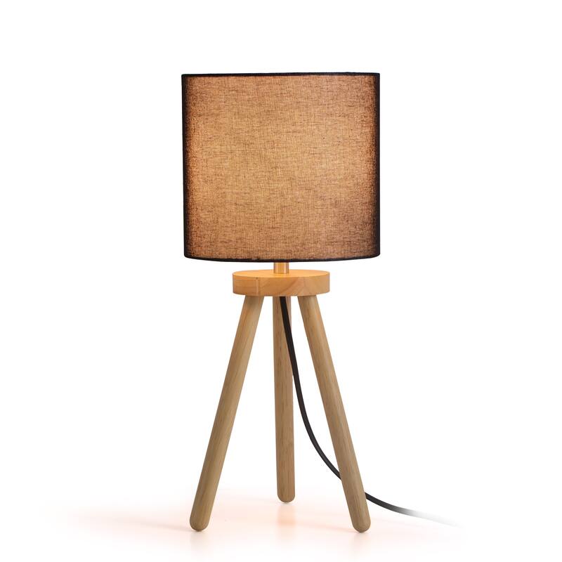 18 in. Modern Tripod Small Table Lamp with Linen Shade and Solid Wood Legs for Living Room, Bedside - Black