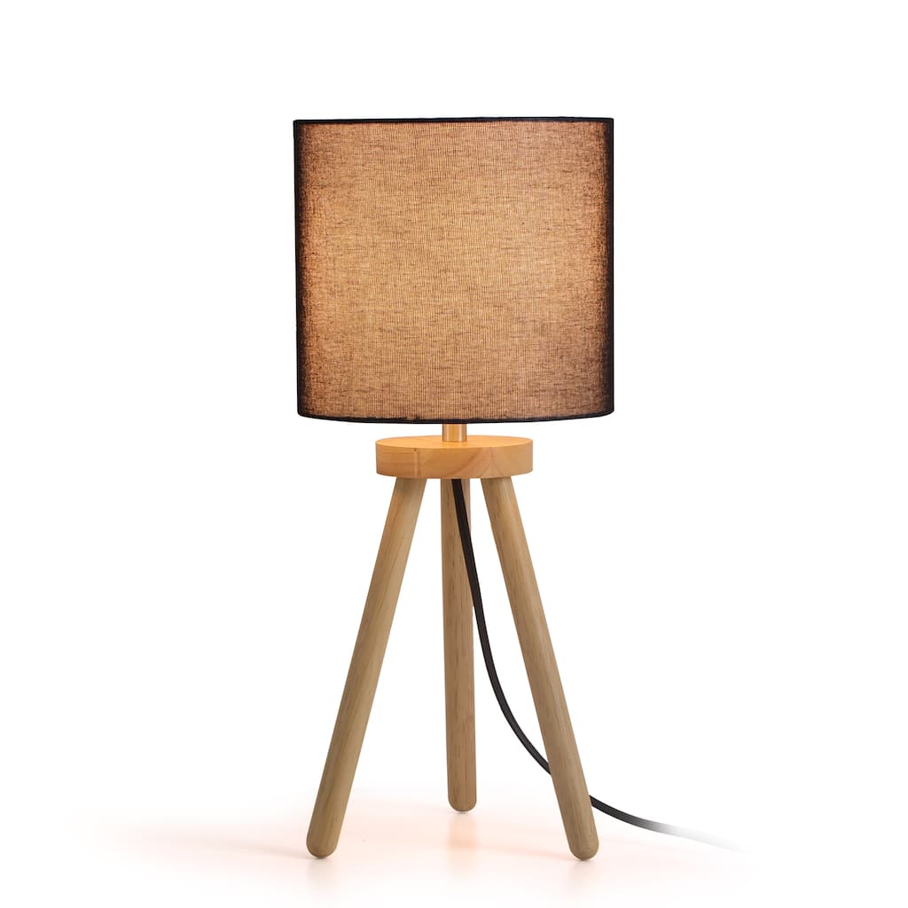 18 in. Modern Tripod Small Table Lamp with Linen Shade and Solid Wood Legs for Living Room, Bedside