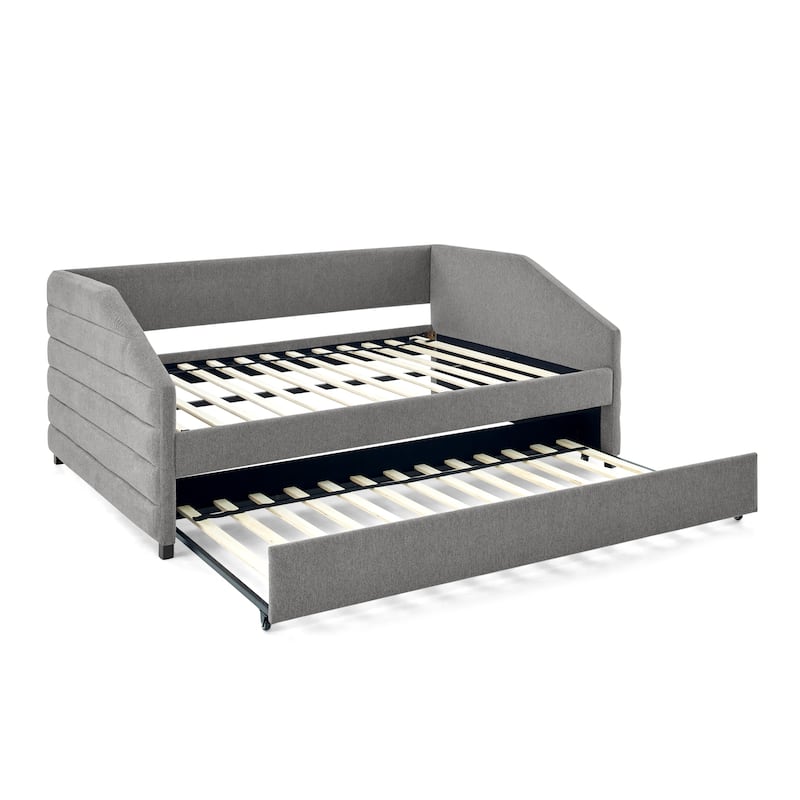 Linen Fabric Upholstered Daybed with Pull-Out Trundle or Storage Drawers, Tufted Sofa Bed Frame with Wood Slat Support