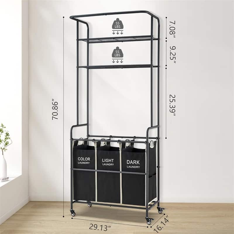 Laundry Sorter Cart with Hanging Rack - 28.54"L x 17.7"W x 70.86"H