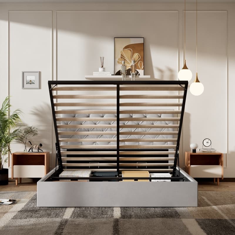Plywood Frame Upholstered Platform Bed with Lift-up Storage Supported by Metal and Wooden Slats