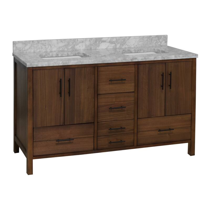 KitchenBathCollection California 60" Double Bathroom Vanity with Carrara Marble Top - Walnut