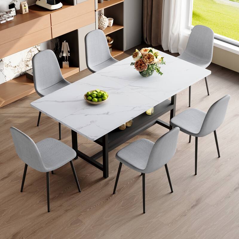 7-Piece Modern Dining Table Set, 71x35.4 Inch Wood Grain Table & 6 High-Resilience Fabric Chairs