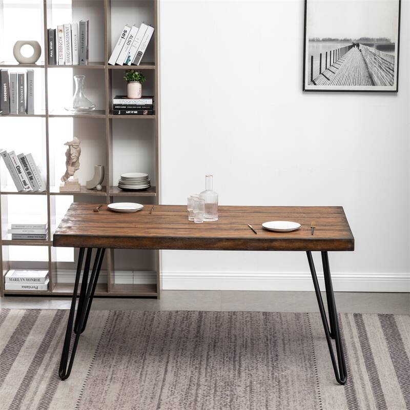 Industrial Metal Hairpin Design Dining Table, Rustic Dark Pine - Brown