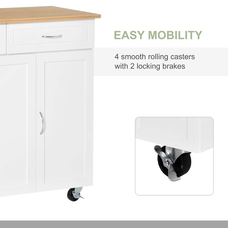 HOMCOM Rolling Kitchen Island Cart with Large Bamboo Countertop, 2 Cabinets with Adjustable Shelves and Wheels, White