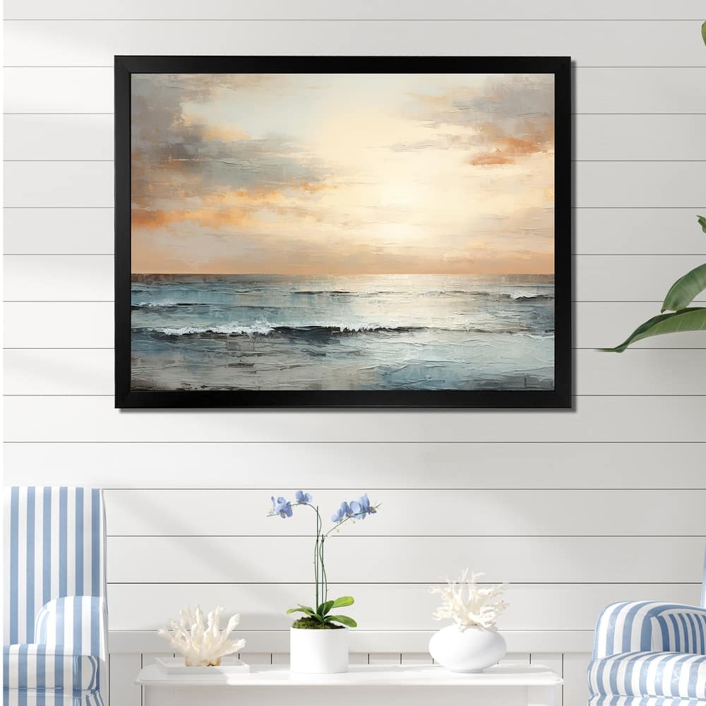 Designart "Beige And Golden Beach Sunset Paradise III" Coastal Sunset Framed Canvas Art Print