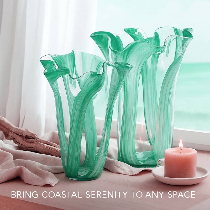 Green Set of 2 Striped Handblown Glass Vases with Broad Rim and Ruffle