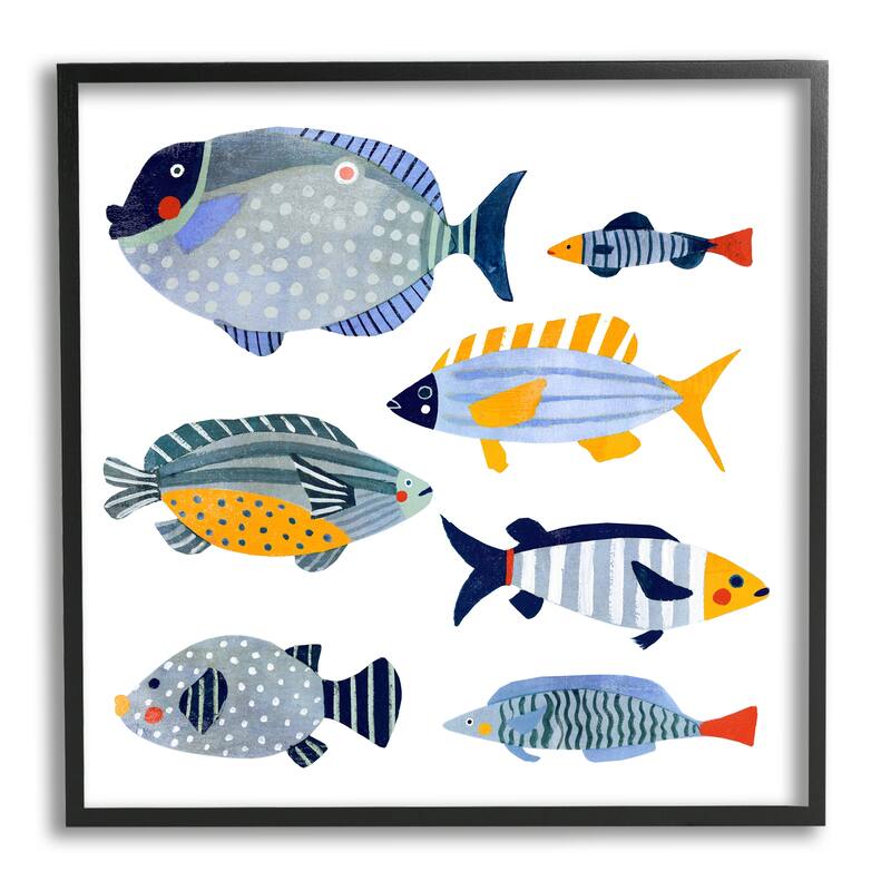 Stupell Children's Aquatic Fish Arrangement Playful Blue Yellow Animals Framed Wall Art - 24 x 24 - Black
