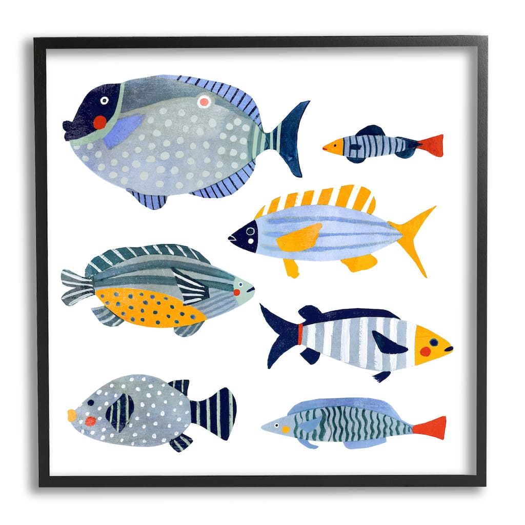 Stupell Children's Aquatic Fish Arrangement Playful Blue Yellow Animals Framed Wall Art