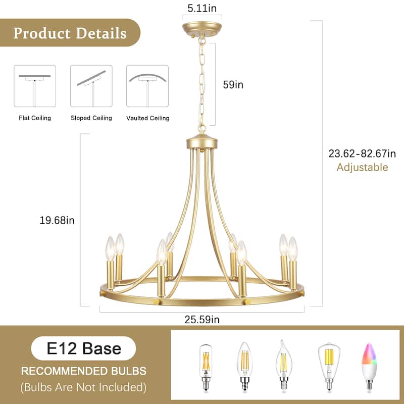 8-Light 25.59 in. Rustic Wagon Wheel Chandelier for Kitchen Living Room