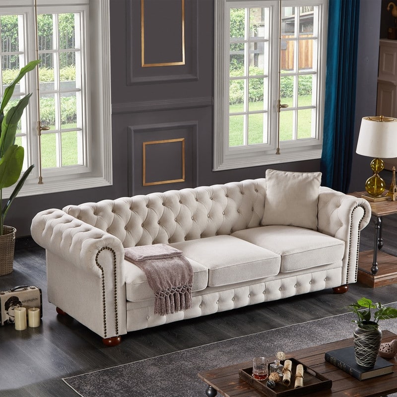 Classic Chesterfield 3 Seater Sofa Upholstered Tufted Back Couch,Linen Fabric,Beige
