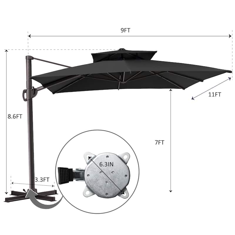 Pellebant 9X11FT Outdoor Dual Top Patio Umbrella Cantilever Offset with Base