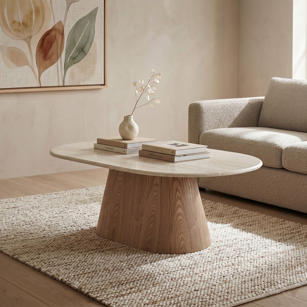 Furniture of America Yovik Modern Natural Wood Pedestal Base Oval Coffee Table with Sintered Stone Top