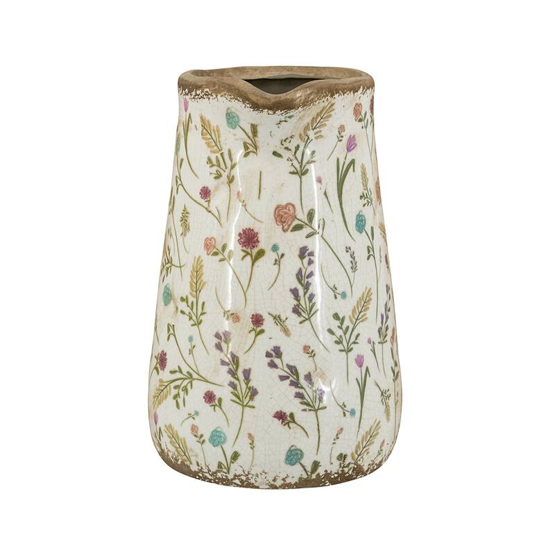 8.1x5.7x9.1" Round Ceramic Pitcher Vase with Multi-Colored Floral Motifs