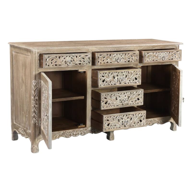 HomeRoots 66" Gray Distressed Solid Wood Carved Floral Six Drawer Sideboard with Two Doors - 66.00 in. x 36.00 in. x 20.00 in.