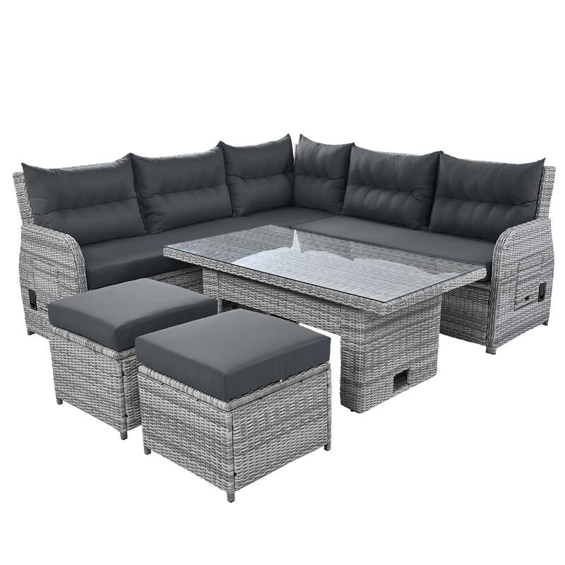 All Weather Outdoor Patio Conversation Sofa Set Rattan L Shaped Sectional Recliners Sofa with Adjustable Table and 2 Ottoman