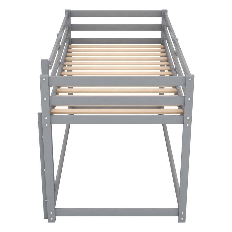 Twin Over Twin Floor Bunk Bed with Ladder, Gray - Solid Pine Wood, Low Design, Safety Guardrail