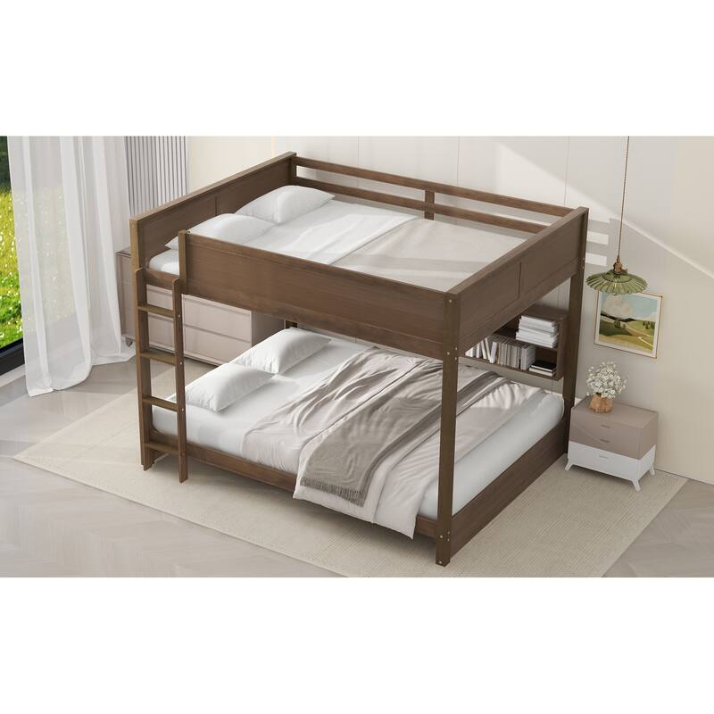 Wood Queen over Queen Bunk Bed with Storage Cabinets, USB Ports and Ladder, Bunk Bed Frame w/Slats Support for Kids