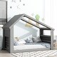 preview thumbnail 1 of 5, Gray Twin Pine House Floor Bed with Skylight, LED Light, Sturdy Construction
