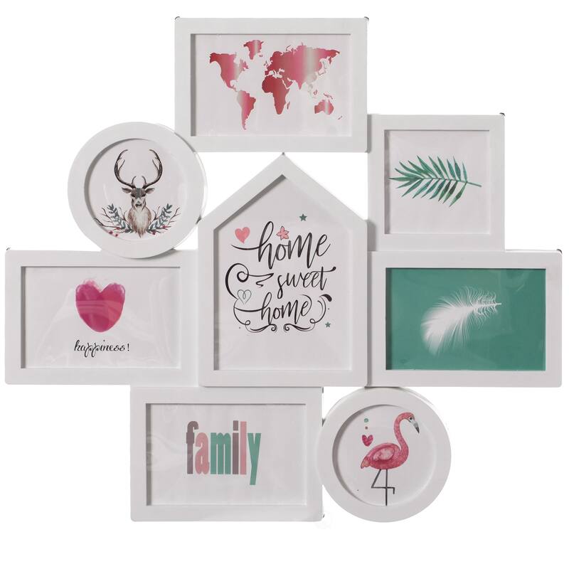 Decorative Modern Wall Mounted Multi Photo Frame Collage Picture Holder for 8 Pictures Multiple Sized, White - Antique White
