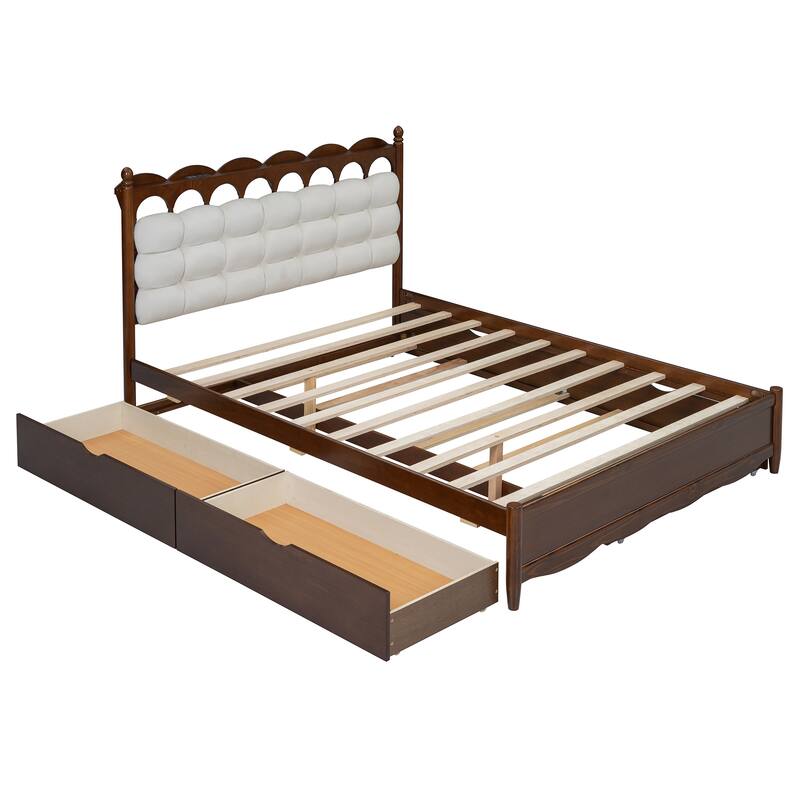 Queen Size Wooden Platform Bed Frame with Trundle, 2 Big Drawers and USB Ports, Stylish and Functional Bedroom Furniture
