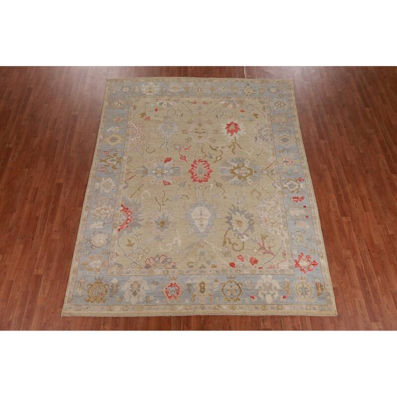 Hand Knotted Oriental 100% Wool Carpet Transitional All-Over Beige & Ivories Oushak Area Rug - 9' 10'' X 7' 9''