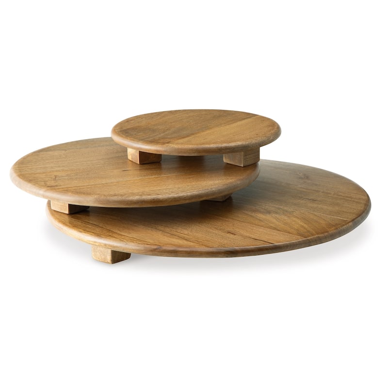 Piya Decorative Serving Tray Platter Set of 3, Round Riser Honey Brown Wood